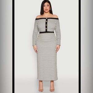 Julia Love J NWT Black Ivory Stripe Knit Skirt Set Size 3X Off Shoulder Crop D27